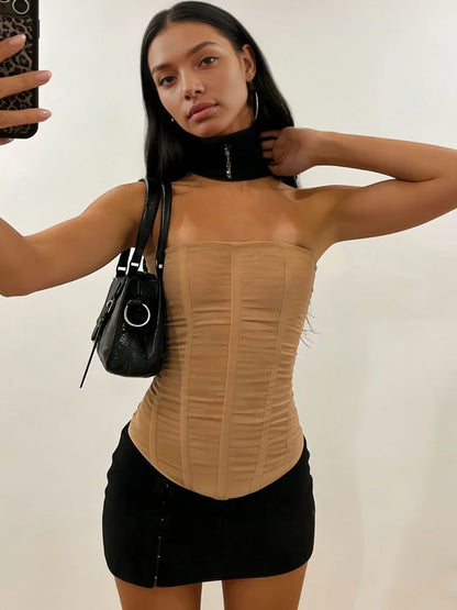 Tossy Mesh Backless Summer Vest Female Elegant Luxury Patchwork Strapless Solid Slim Streetwear Inner Sexy Y2k Tank Top Women's
