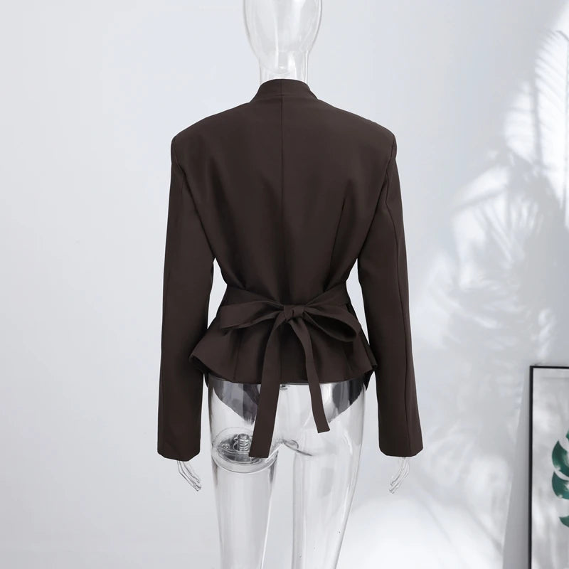 Casual Lace Up Solid Blazer Women Fashion Slim V-neck Single Breasted Full Sleeve Jacket Female 2026 Spring Lady Outwears New