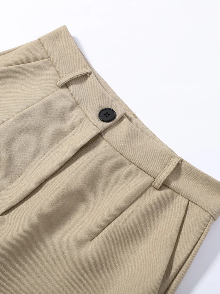 Women Pants Set Curved Hem Coat 2-Piece Sets Beige Stand Collar Jacket Hook Closure Top Wide Leg Trousers Casual Spring Outfit