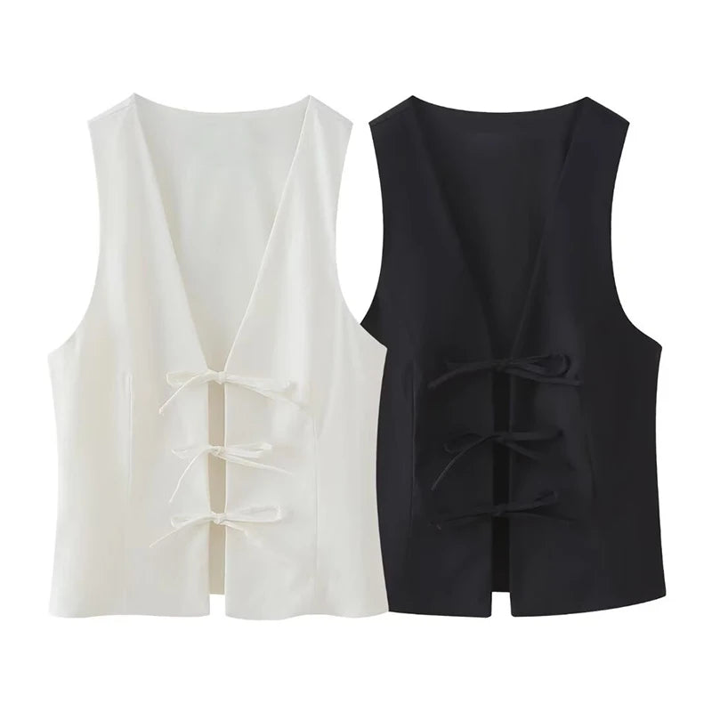 Women Fashion Lace Up Vest V Neck Sleeveless Top Y2k Vintage Solid 2025 Female Summer Sexy Party Tank Tops