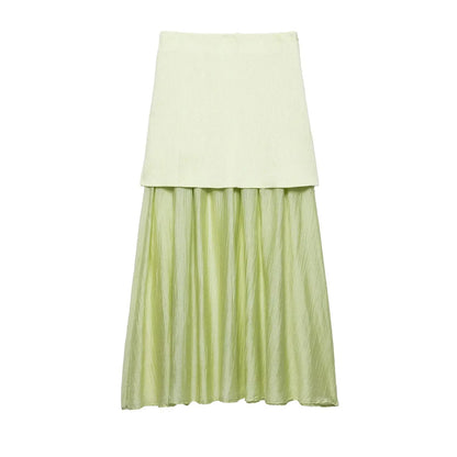 2 Piece Set Chic V-Neck Sleeveless Button Knitted Vest Top + Splicing High Waist Ankle-Length Skirt