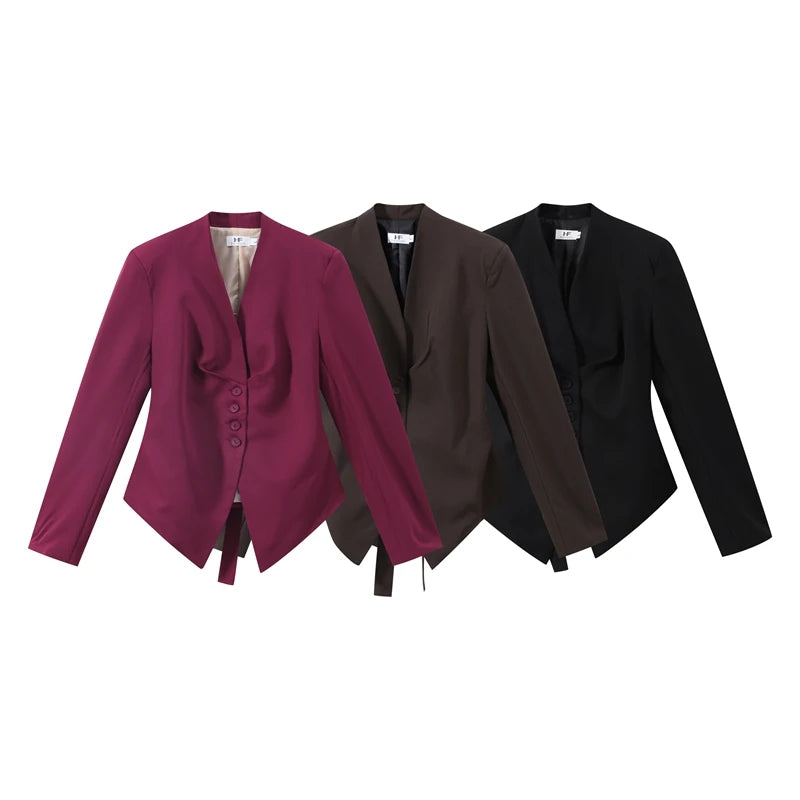 Casual Lace Up Solid Blazer Women Fashion Slim V-neck Single Breasted Full Sleeve Jacket Female 2026 Spring Lady Outwears New