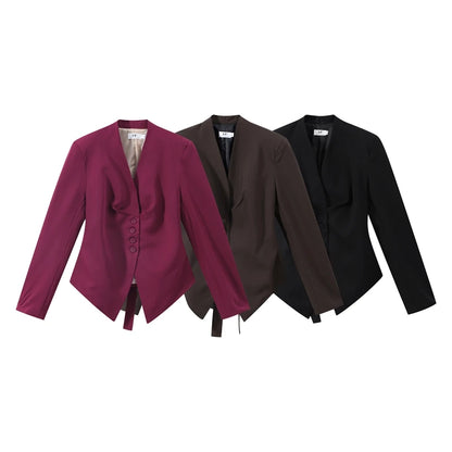 Casual Lace Up Solid Blazer Women Fashion Slim V-neck Single Breasted Full Sleeve Jacket Female 2026 Spring Lady Outwears New