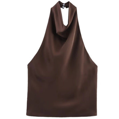 Satin Halter Sleeveless Open back Summer Top Off Shoulder