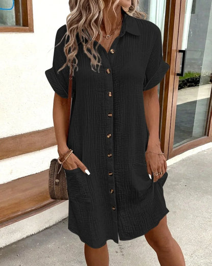 Simple Short Sleeve Shirt Dress Women's Turn-down Collar Single Breasted Casual Loose Dress