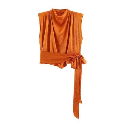 Sleeveless Draped Satin Long ribbon Waist-Tie Top