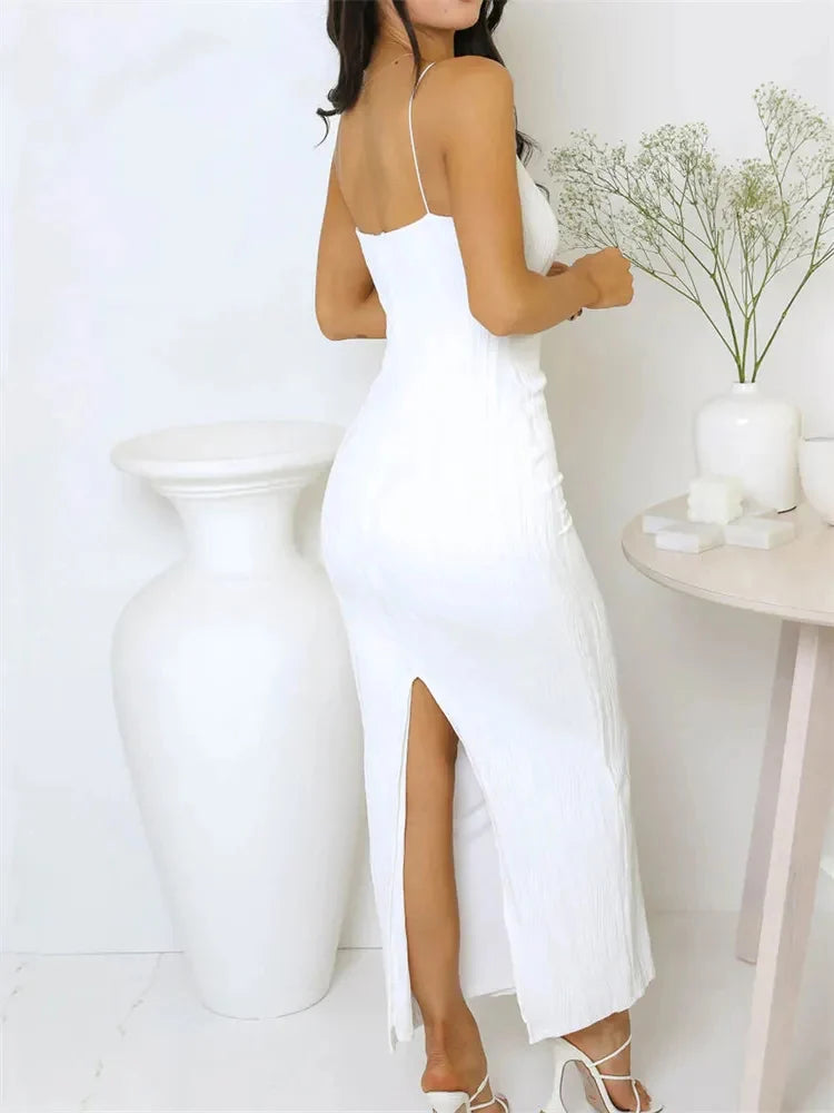 Long Ruched Sleeveless  dress - Back Split Dress