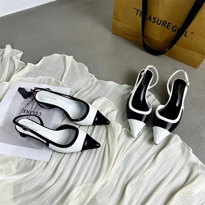 Black White Low Heeled Sandals Women Sexy Pointed Toe Slingbacks Chunky low Heels for Women Elegant Heels