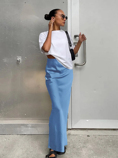 Elegant Long  Slim High Waist Satin Black Trumpet Skirts