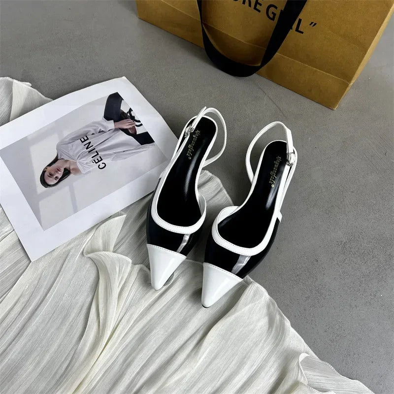 Black White Low Heeled Sandals Women Sexy Pointed Toe Slingbacks Chunky low Heels for Women Elegant Heels
