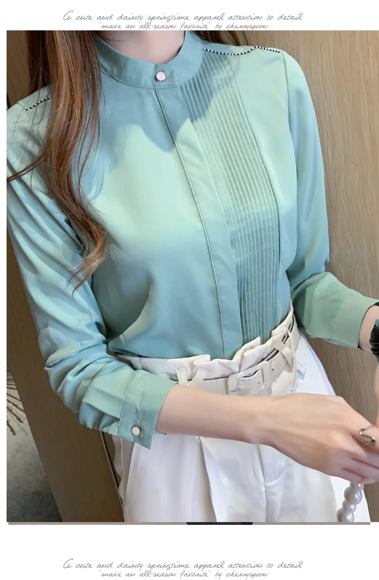 Long Sleeve Chiffon Blouse Shirt Women V-Neck-  Office Lady Blouse