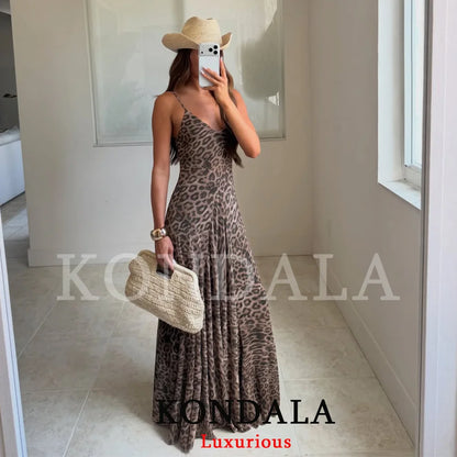 KONDALA Vintage Sexy Women Long Cami Chiffon Dress Leopard Beach Holiday Party Dress Fashion 2026 Spring Summer Elegant Dress