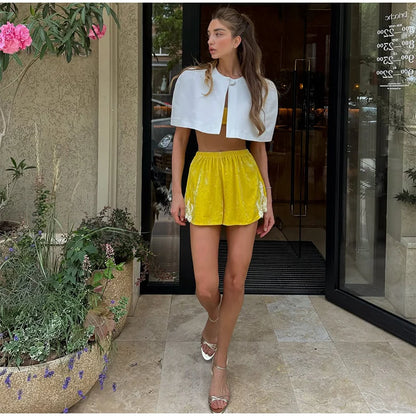 Shawl Crop Tops  Solid Shoulder Pads Stand Collar