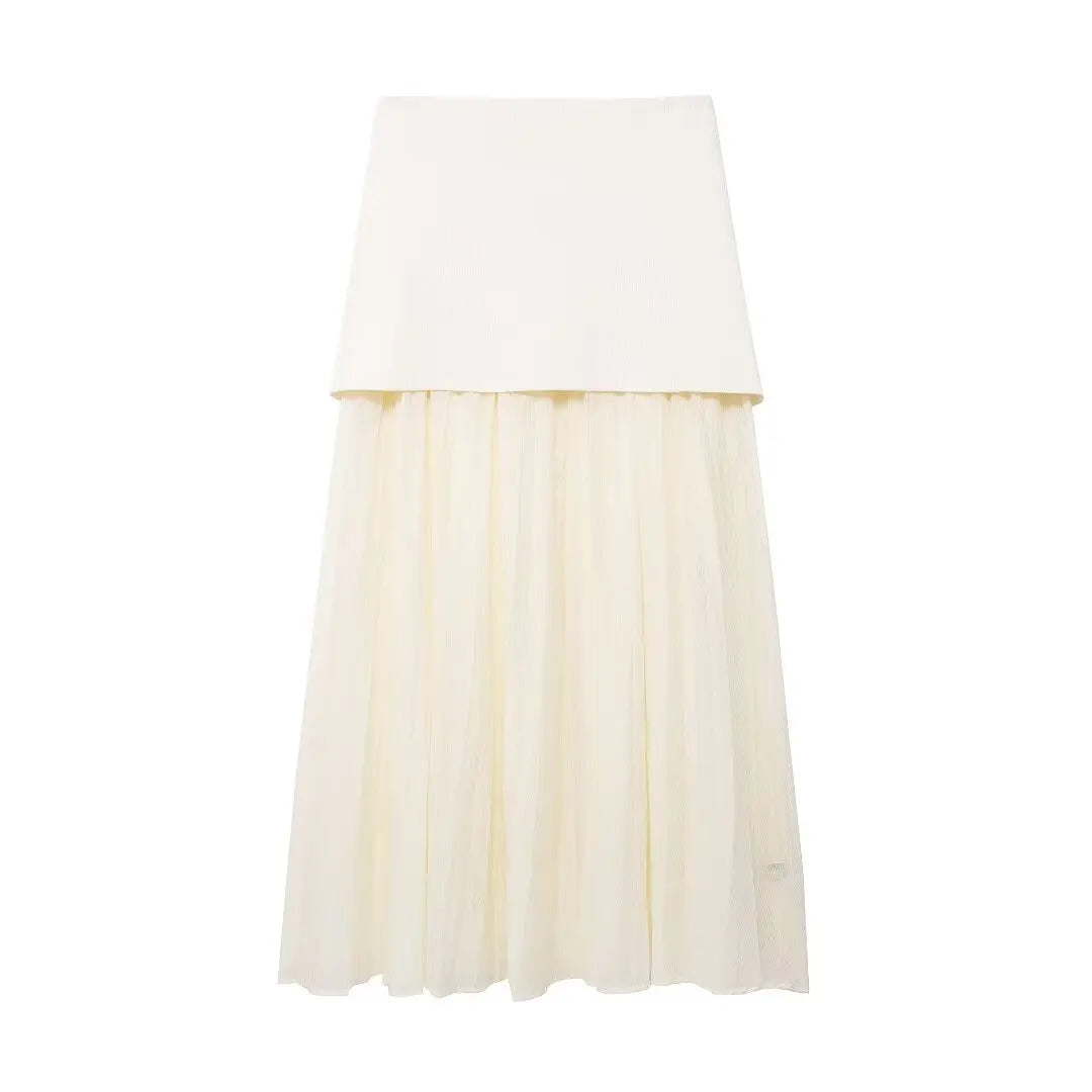 2 Piece Set Chic V-Neck Sleeveless Button Knitted Vest Top + Splicing High Waist Ankle-Length Skirt