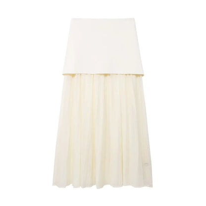 2 Piece Set Chic V-Neck Sleeveless Button Knitted Vest Top + Splicing High Waist Ankle-Length Skirt