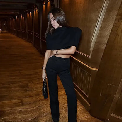 Shawl Crop Tops  Solid Shoulder Pads Stand Collar