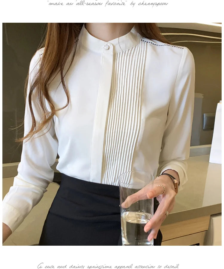 Long Sleeve Chiffon Blouse Shirt Women V-Neck-  Office Lady Blouse