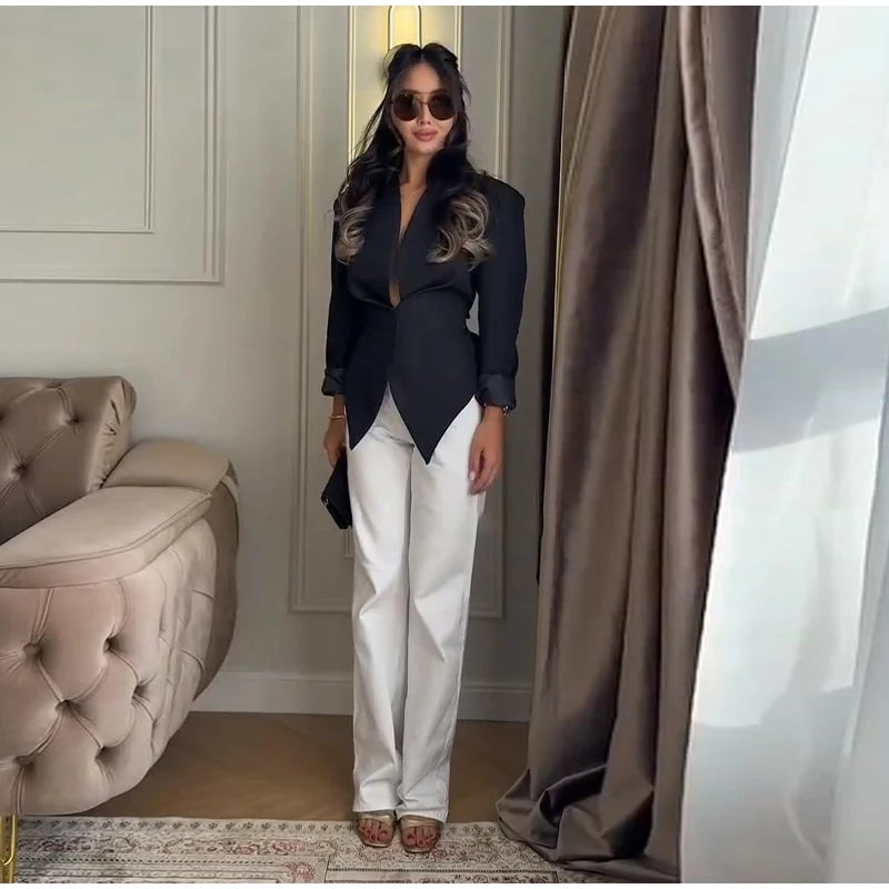 Casual Office Women's Blazer Jacket Pleated Waist Cinched Tie Up Long Sleeve Tops Elegant 2026 Spring Female Outerwear Outfit