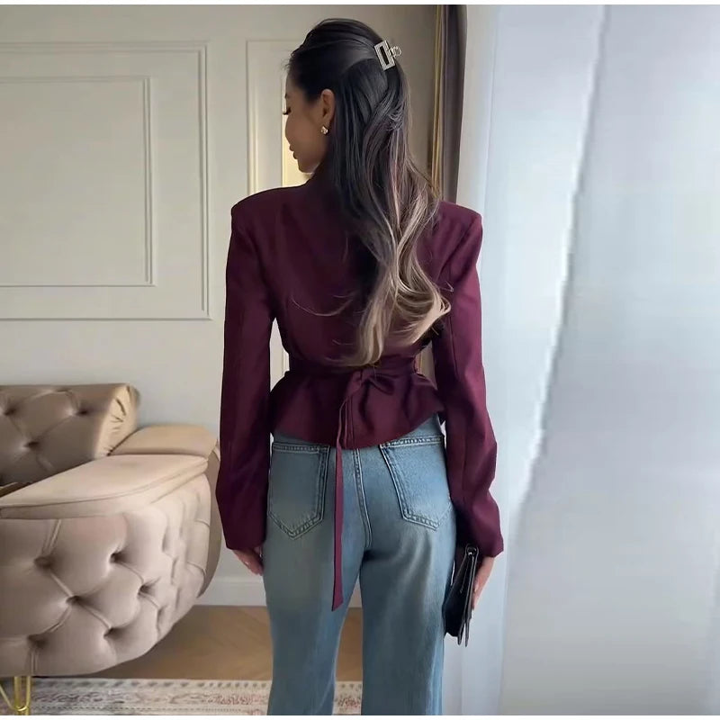 Casual Office Women's Blazer Jacket Pleated Waist Cinched Tie Up Long Sleeve Tops Elegant 2026 Spring Female Outerwear Outfit