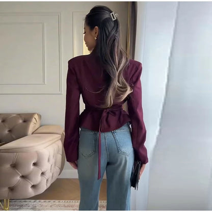 Casual Office Women's Blazer Jacket Pleated Waist Cinched Tie Up Long Sleeve Tops Elegant 2026 Spring Female Outerwear Outfit