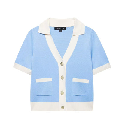Knitted Skirt Suit Crew Neck Single-Breasted Short Sleeve Top+Fashion Elegant Elastic Waist Mini Skirt