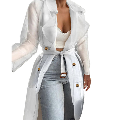 Jackets For Womens Mesh Transparent Overcoat Long Sleeve Buttoned Coat With Belt Turndown Collar Light Weight Long Jackets