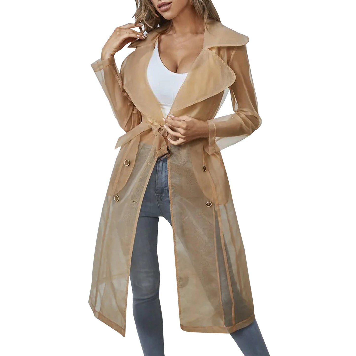 Jackets For Womens Mesh Transparent Overcoat Long Sleeve Buttoned Coat With Belt Turndown Collar Light Weight Long Jackets