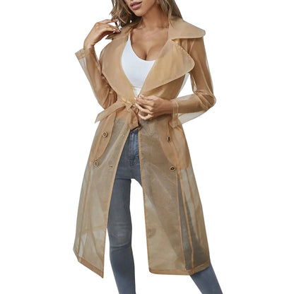 Jackets For Womens Mesh Transparent Overcoat Long Sleeve Buttoned Coat With Belt Turndown Collar Light Weight Long Jackets