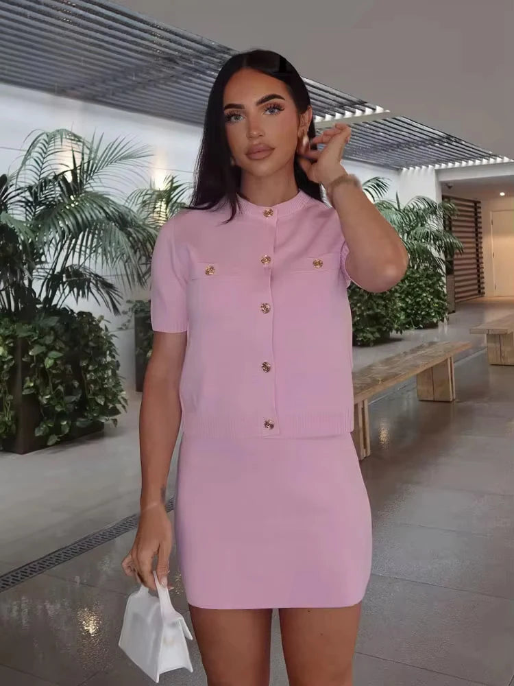 Knitted Skirt Suit Crew Neck Single-Breasted Short Sleeve Top+Fashion Elegant Elastic Waist Mini Skirt