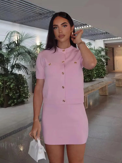 Knitted Skirt Suit Crew Neck Single-Breasted Short Sleeve Top+Fashion Elegant Elastic Waist Mini Skirt