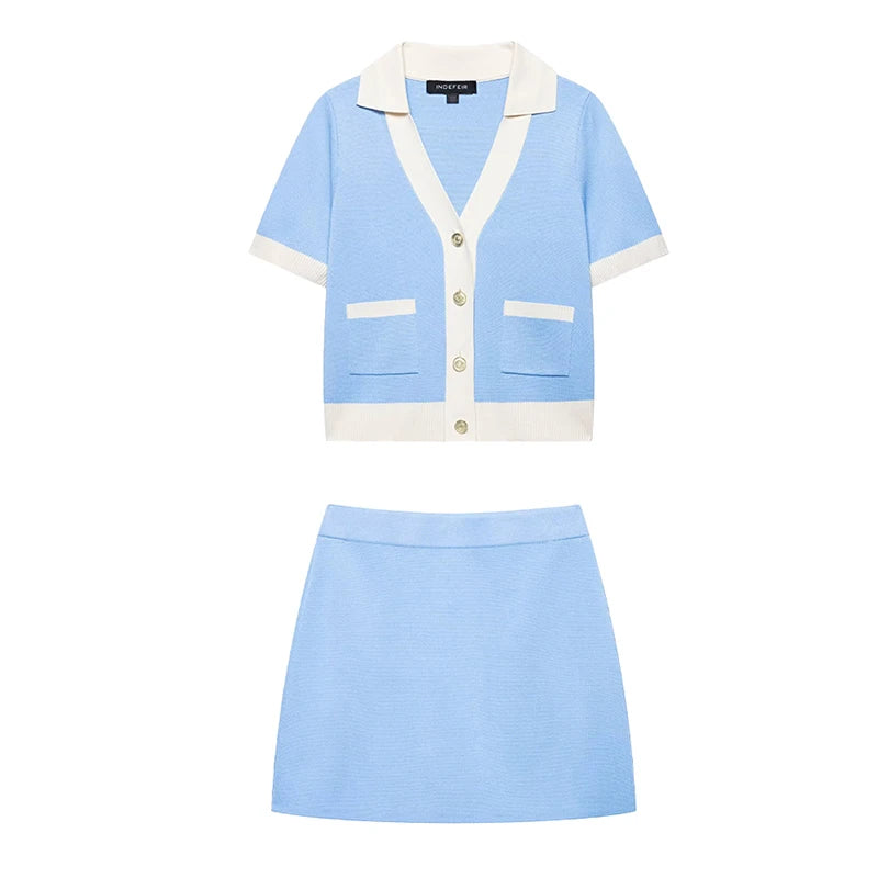 Knitted Skirt Suit Crew Neck Single-Breasted Short Sleeve Top+Fashion Elegant Elastic Waist Mini Skirt