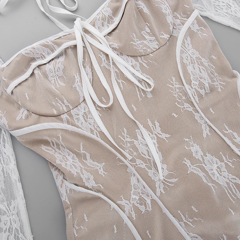 Elegant lace Mini Dress For Women Square Collar Long Sleeve Backless