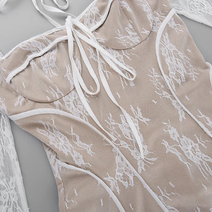 Elegant lace Mini Dress For Women Square Collar Long Sleeve Backless