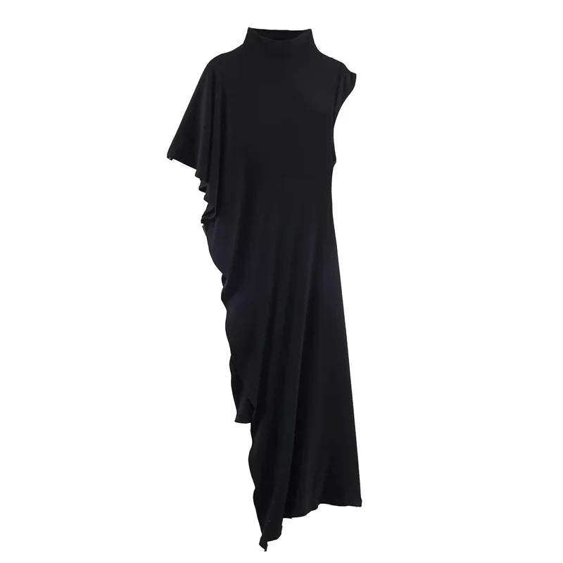 Short-Sleeve High-Neck Asymmetrical Pleated T shirt