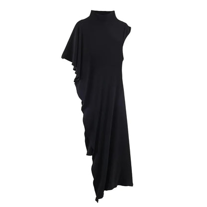 Short-Sleeve High-Neck Asymmetrical Pleated T shirt