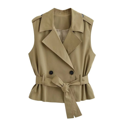 Women Elegant Commute Sleeveless Vest Jackets With Belt Spring Summer New Female High Street Chic Trench Vest Lady Casual Vests