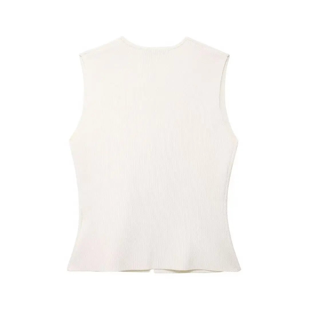 2 Piece Set Chic V-Neck Sleeveless Button Knitted Vest Top + Splicing High Waist Ankle-Length Skirt