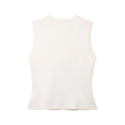 2 Piece Set Chic V-Neck Sleeveless Button Knitted Vest Top + Splicing High Waist Ankle-Length Skirt