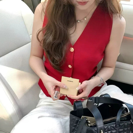 Gold Button Rushed Waist Vest V-Neck Sleeveless Knit Jacket