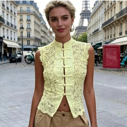 Lace Crop Top Sleeveless Chinese Frog Button Vest