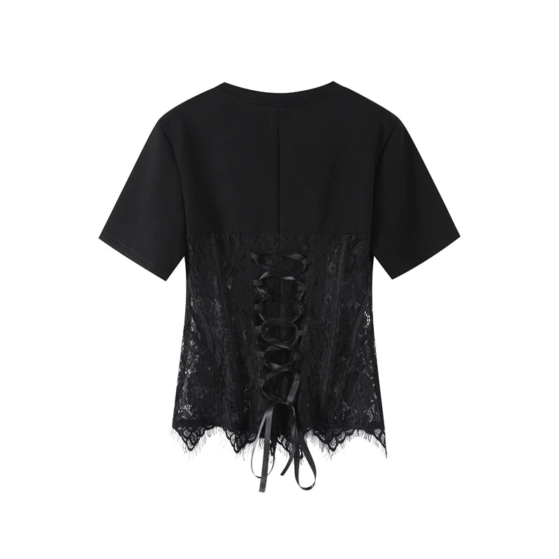 Fashion Floral Lace Fish-bone Patchwork Shirts For Women 2026 Spring New Chic Short Sleeve O-neck Blouse Lady Street Y2K Tops