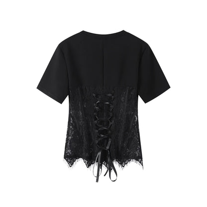 Fashion Floral Lace Fish-bone Patchwork Shirts For Women 2026 Spring New Chic Short Sleeve O-neck Blouse Lady Street Y2K Tops
