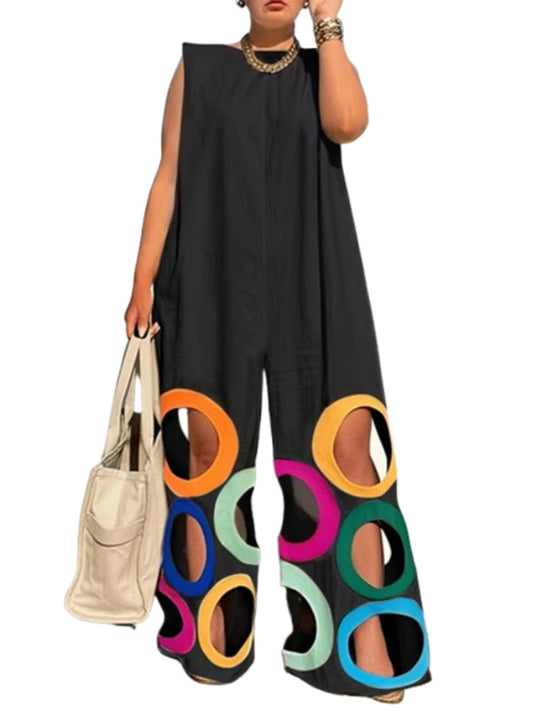 Sleeveless round neck Oversized  Colorful Circle Cutouts Hollow Out Jumpsuits
