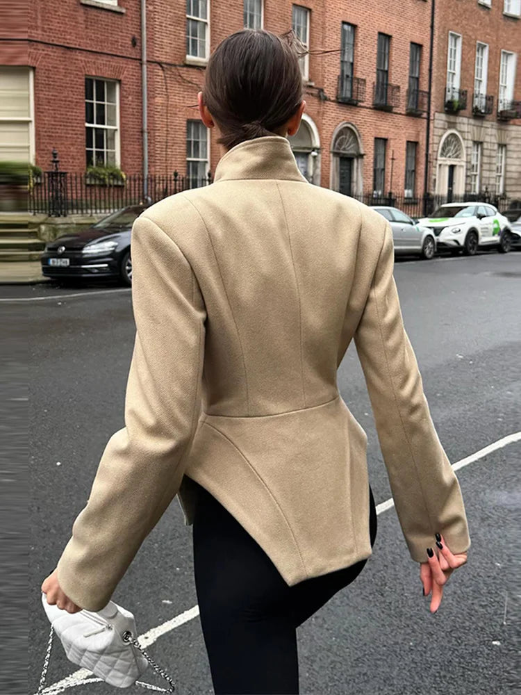 Women Pants Set Curved Hem Coat 2-Piece Sets Beige Stand Collar Jacket Hook Closure Top Wide Leg Trousers Casual Spring Outfit