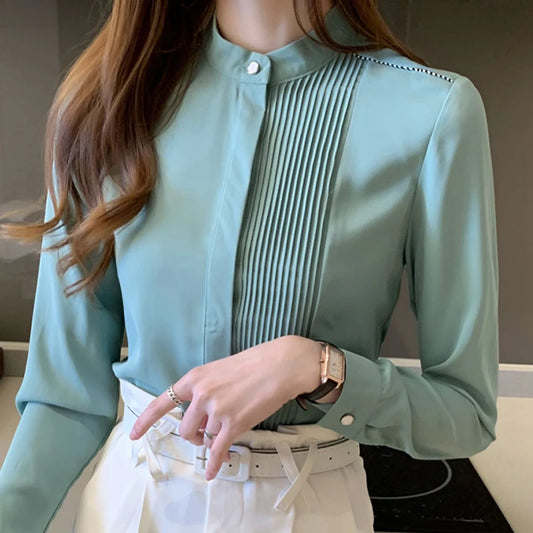 Long Sleeve Chiffon Blouse Shirt Women V-Neck-  Office Lady Blouse