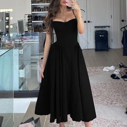 Sweetheart Spaghetti Strap  Fit and Flare Elegant Midi Dress