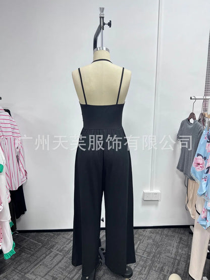 New Spring Summer Jumpsuit Solid Color Casual Simple Spring Summer Suspender Sleeveless High Waist Backless Loose Overalls
