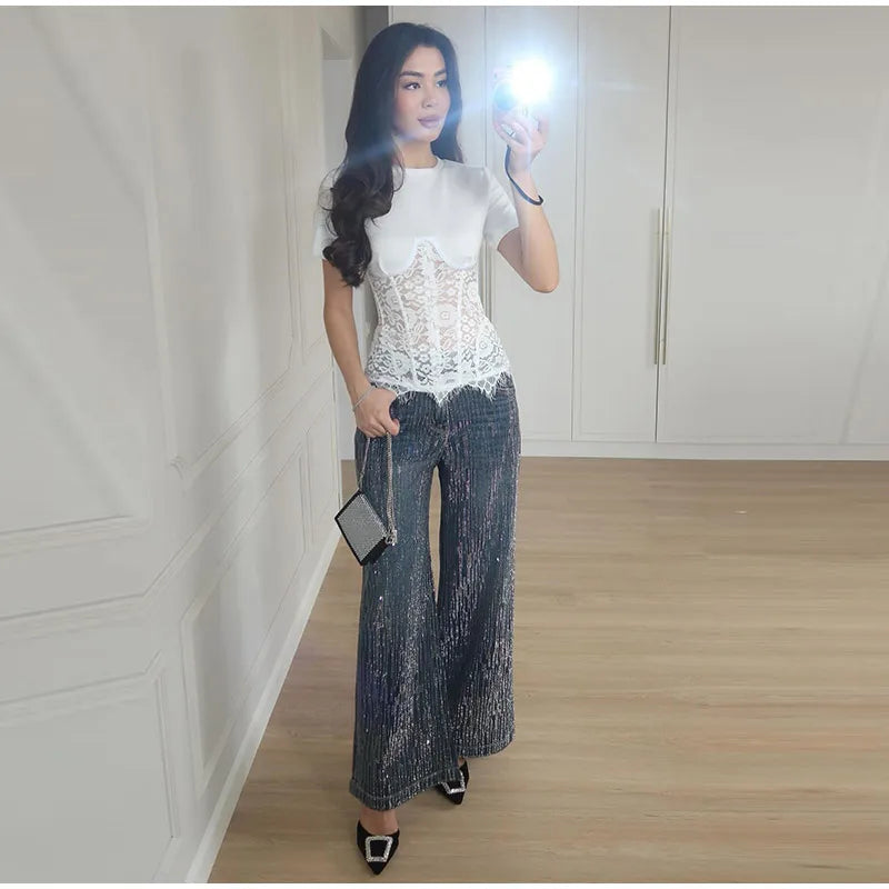Fashion Floral Lace Fish-bone Patchwork Shirts For Women 2026 Spring New Chic Short Sleeve O-neck Blouse Lady Street Y2K Tops