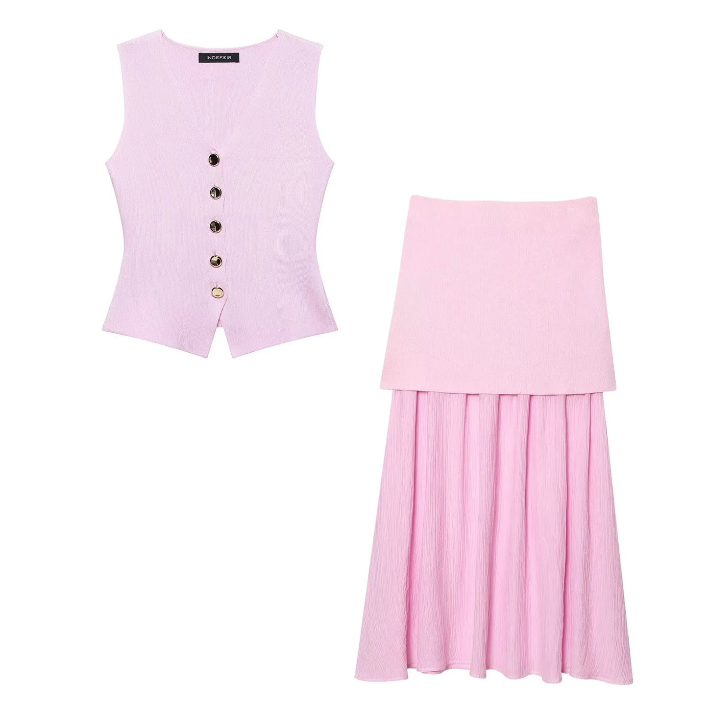 2 Piece Set Chic V-Neck Sleeveless Button Knitted Vest Top + Splicing High Waist Ankle-Length Skirt