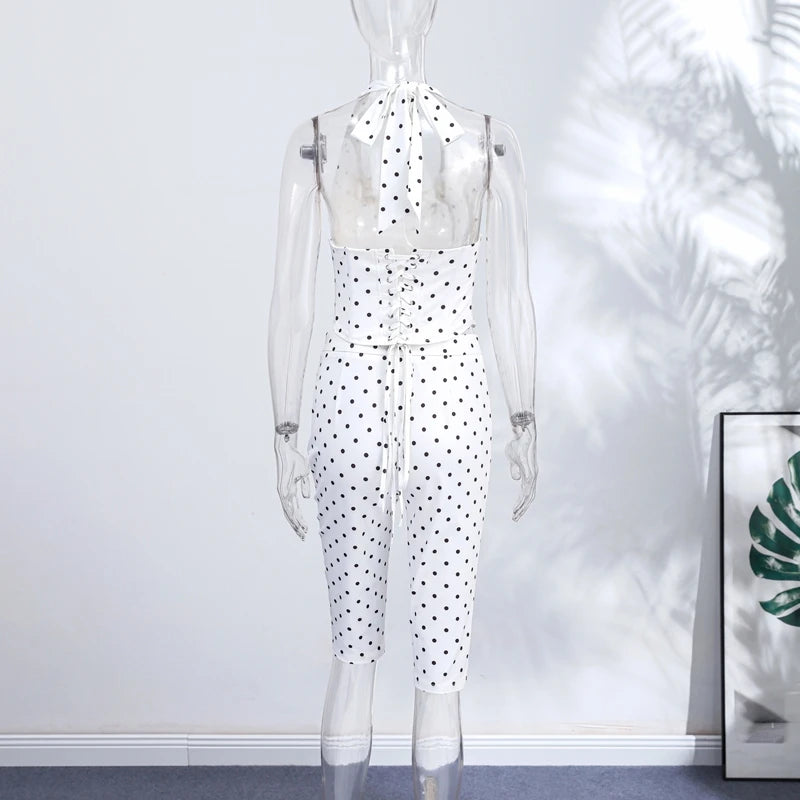 Chic Polka Dot Pants Set Women Halter Lace Up Sleeveless Backless Vest Hip Package Skinny Pants 2026 New Lady Y2K 2 Pcs Outfits